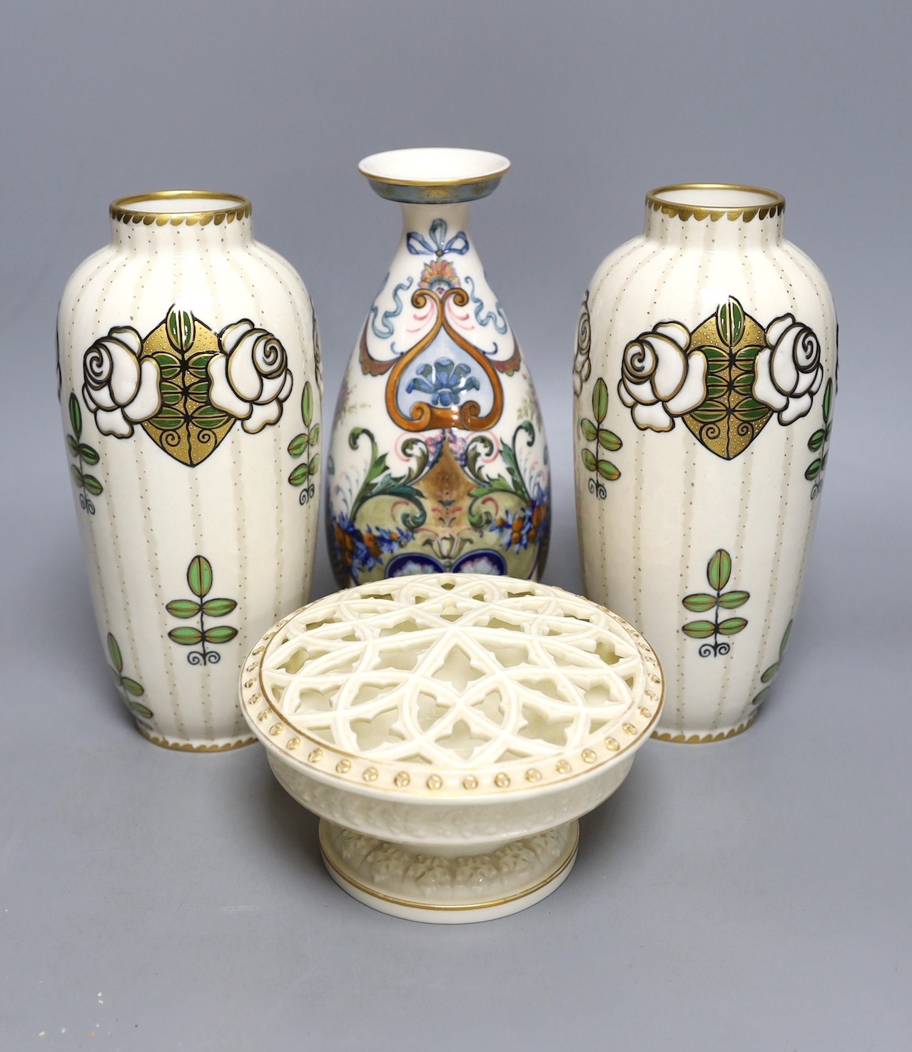 A pair of Ernst Wahliss Royal Vienna secessionist vases, a Worcester pot pourri and a French porcelain vase, tallest 22cm